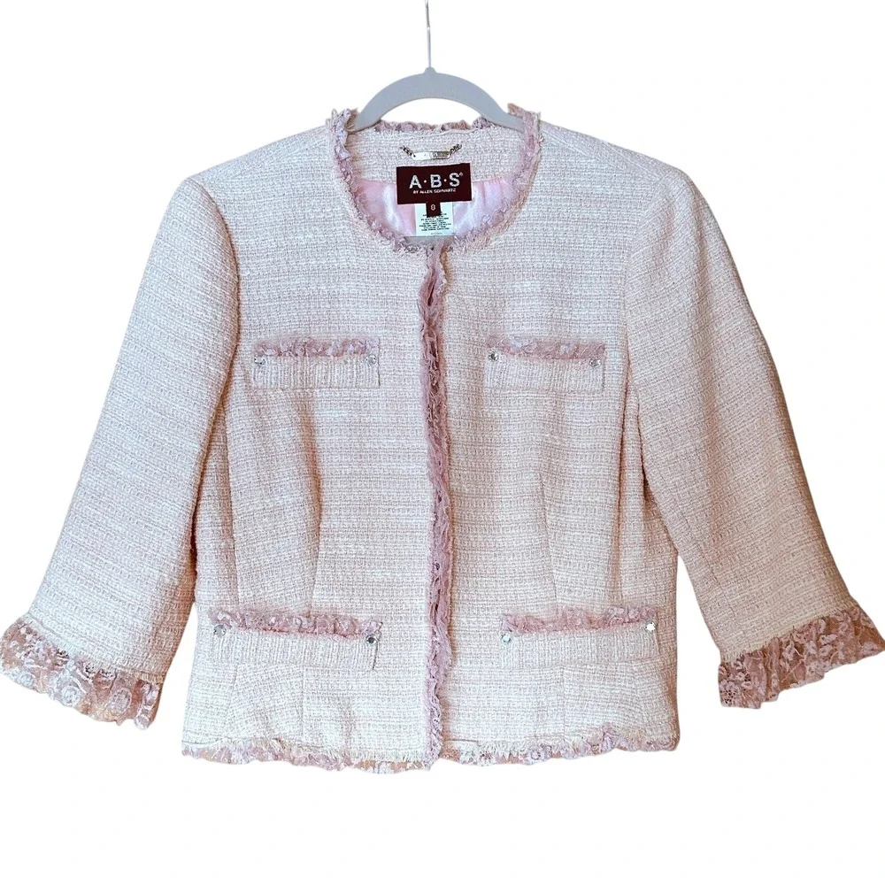 ABS Allen Schwartz Pink‎ Tweed Blazer Jacket Size 8 Metallic Shimmer Coquette